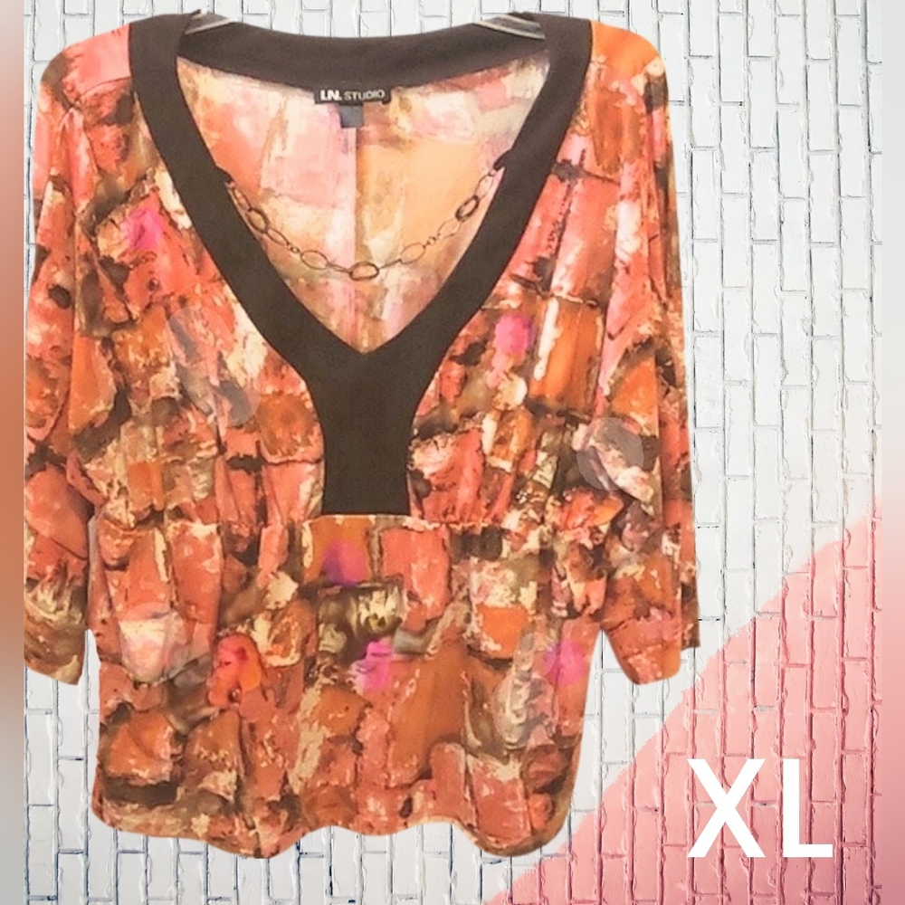 Orange, Coral, Salmon Pink & Brown Trim Embellished Top